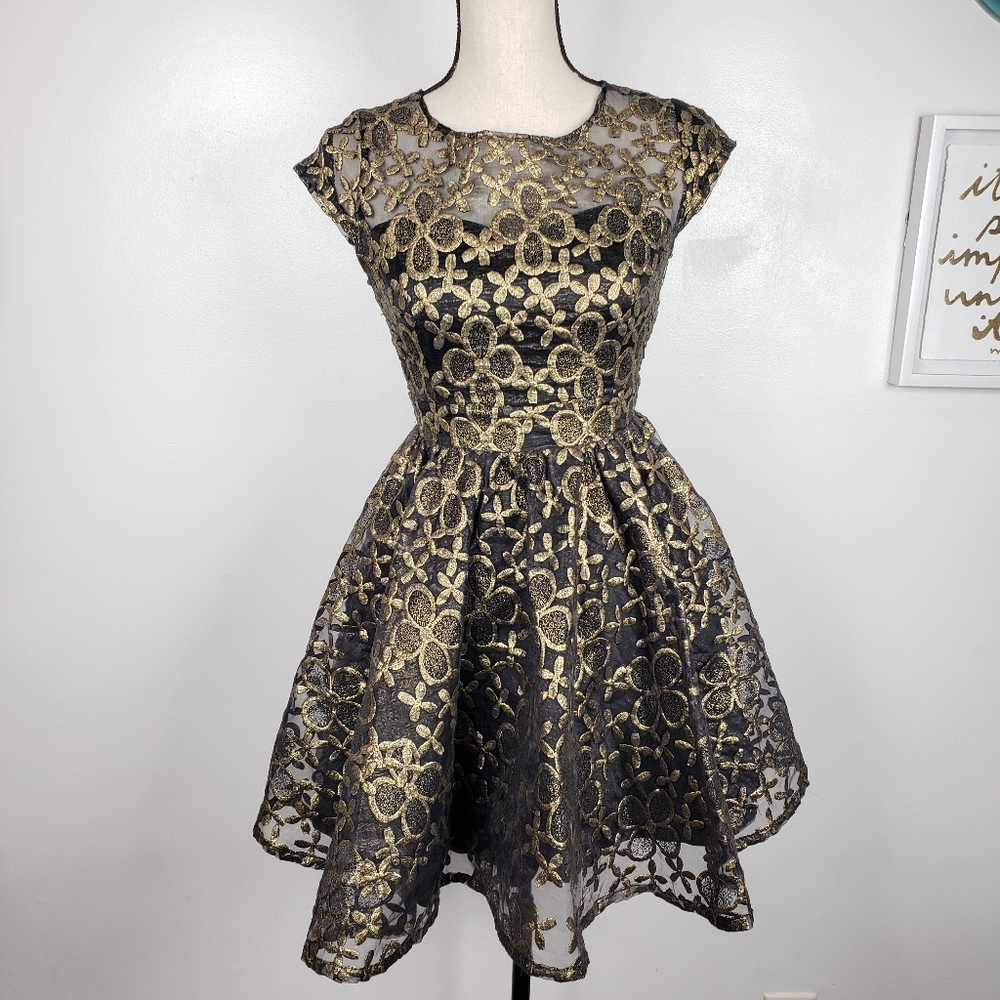 Eros Apparel New York Black & Gold Embroidered Floral Illusion Cupcake Dress S